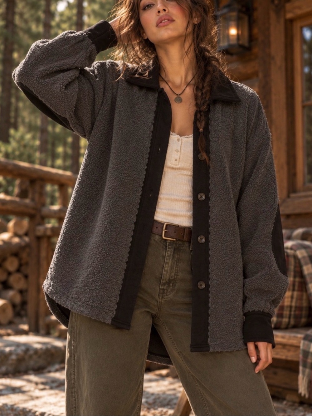 Free People-Black-Gray Ruby Shacket Jacket-Oversized-Boho-S
